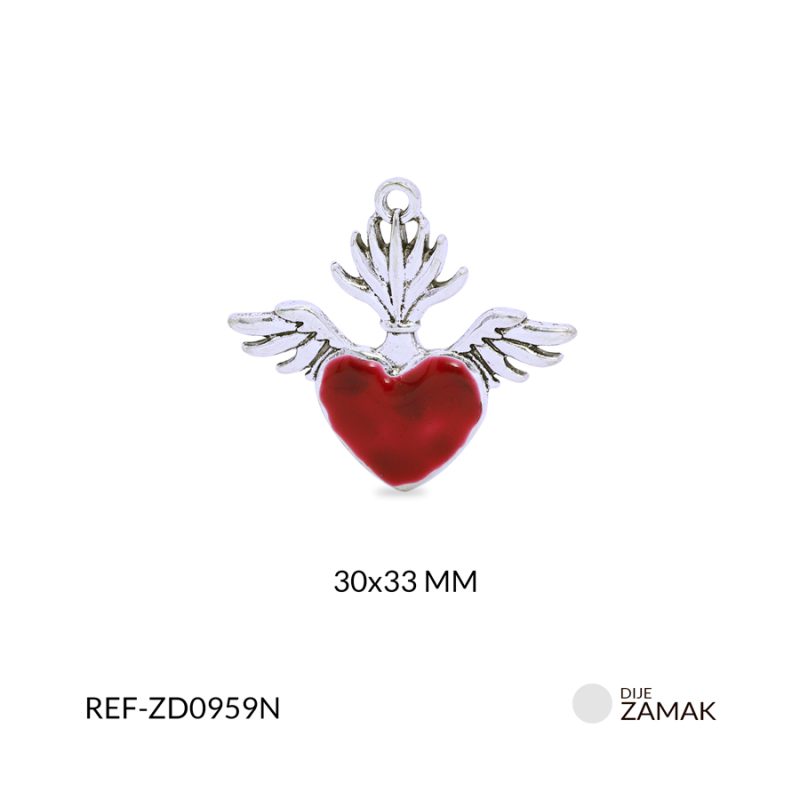 Dije zamak corazón rojo con alas y llamas 30x33mm / x unidad / ref-ZD0959N / ref-ZD0959N