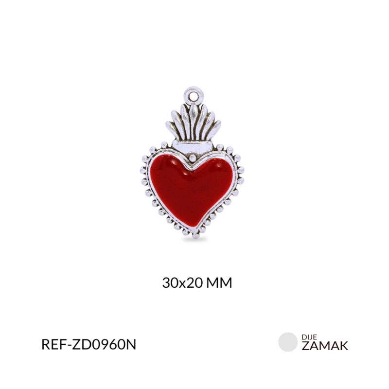 Dije zamak corazón resina roja puntos con llamas 30x20mm / x unidad / ref-ZD0960N / ref-ZD0960N