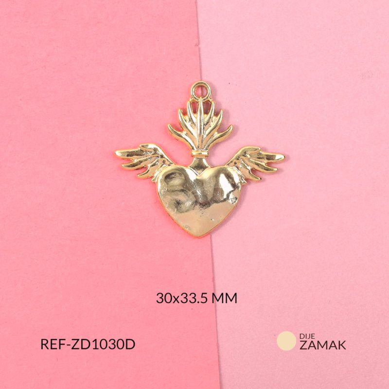 Dije zamak corazón con alas y llamas 30.5x33.5mm / x unidad / Ref-ZD1030D / Ref-ZD1030D