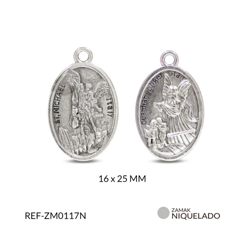 Medalla zamak ovalada San Miguel Arcangel + Angel Guardian 16 x 25 mm / Paquete x 6 und / Ref-ZM0117N / Ref-ZM0117N