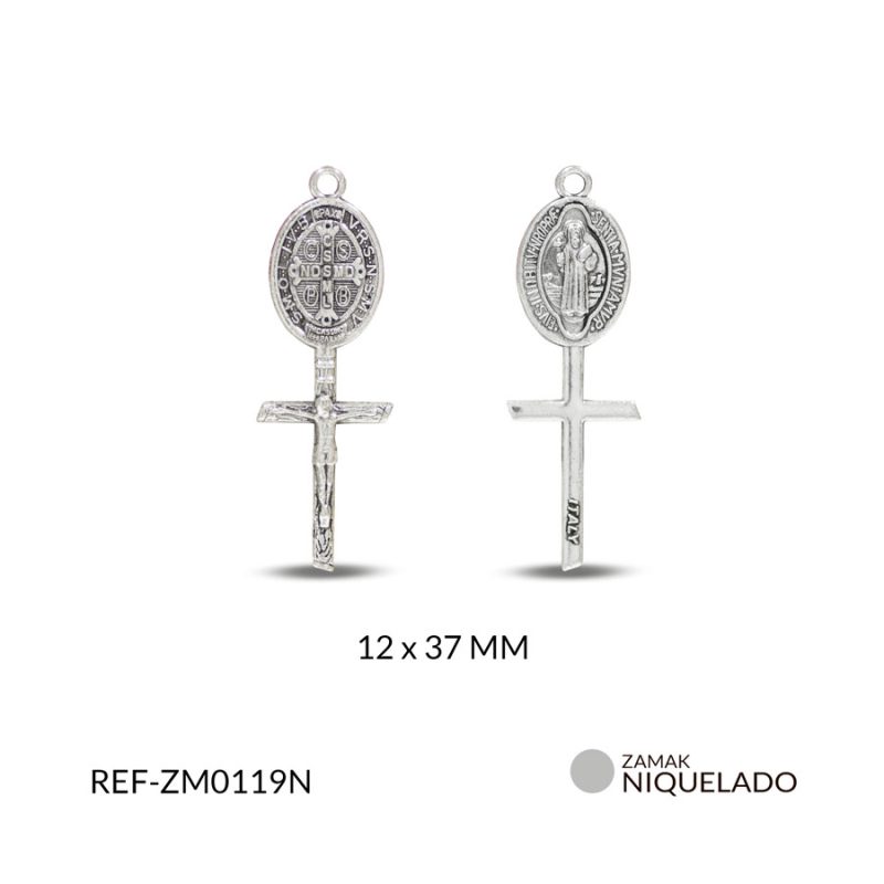 Medalla zamak ovalada San Benito + Cristo 12x37mm / paquete x 6 unidades / Ref-ZM0119N / Ref-ZM0119N