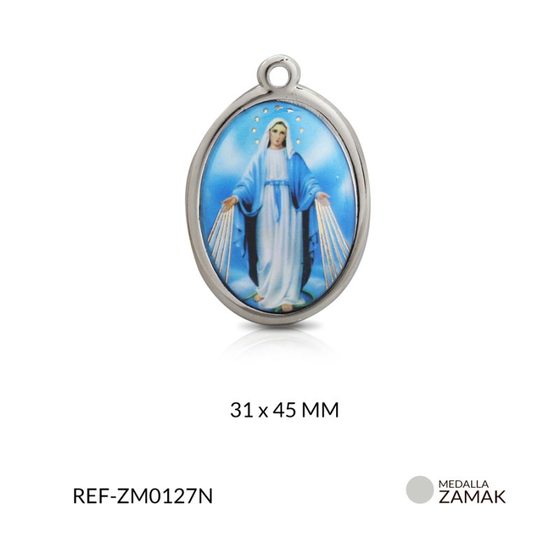 Medalla zamak grande ovalada virgen milagrosa 31 x 45MM color niquelado / x unidad / Ref-ZM0127N / Ref-ZM0127N