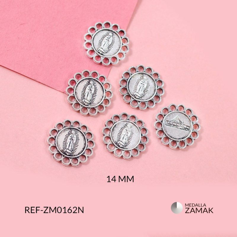 Medalla zamak circulo Virgen de Guadalupe para tejer 14mm / paquete x 12 unidades / Ref-ZM0162N / Ref-ZM0162N