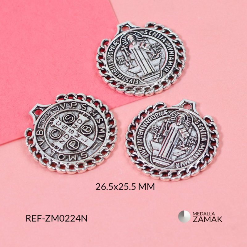 Medalla zamak San Benito borde cadena 26.5x25.5mm / paquete x 3 unidades / Ref-ZM0224N / Ref-ZM0224N
