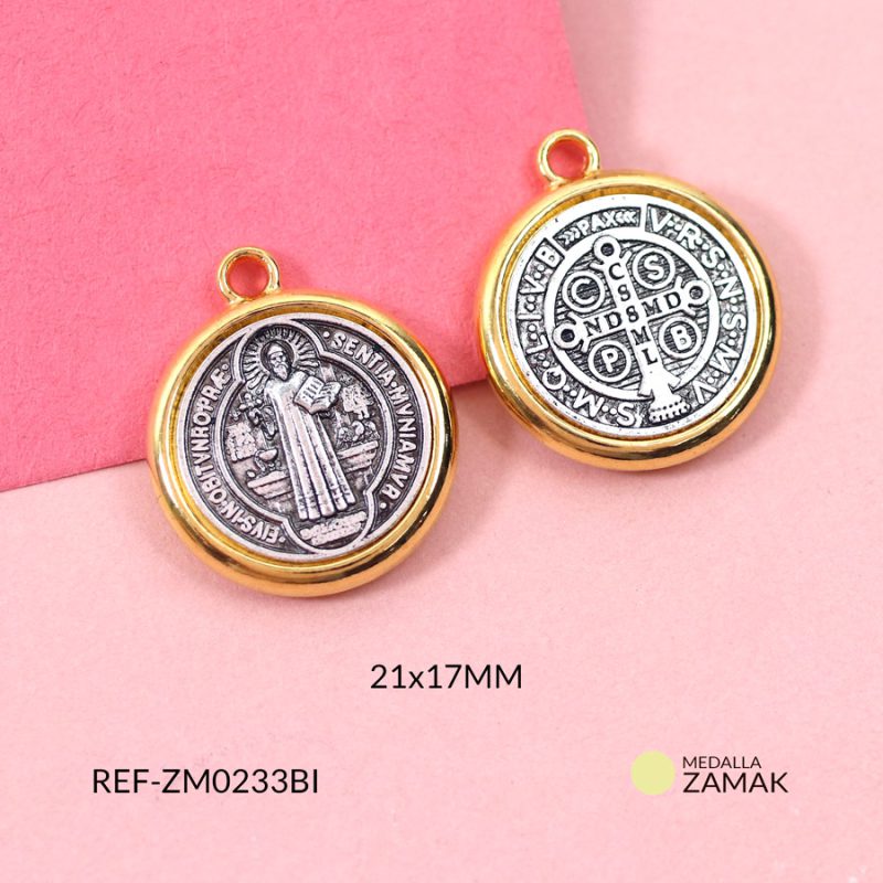 Medalla zamak San Benito Bicolor 20.5x17.5mm / x unidad / Ref-ZM0233BI / Ref-ZM0233BI